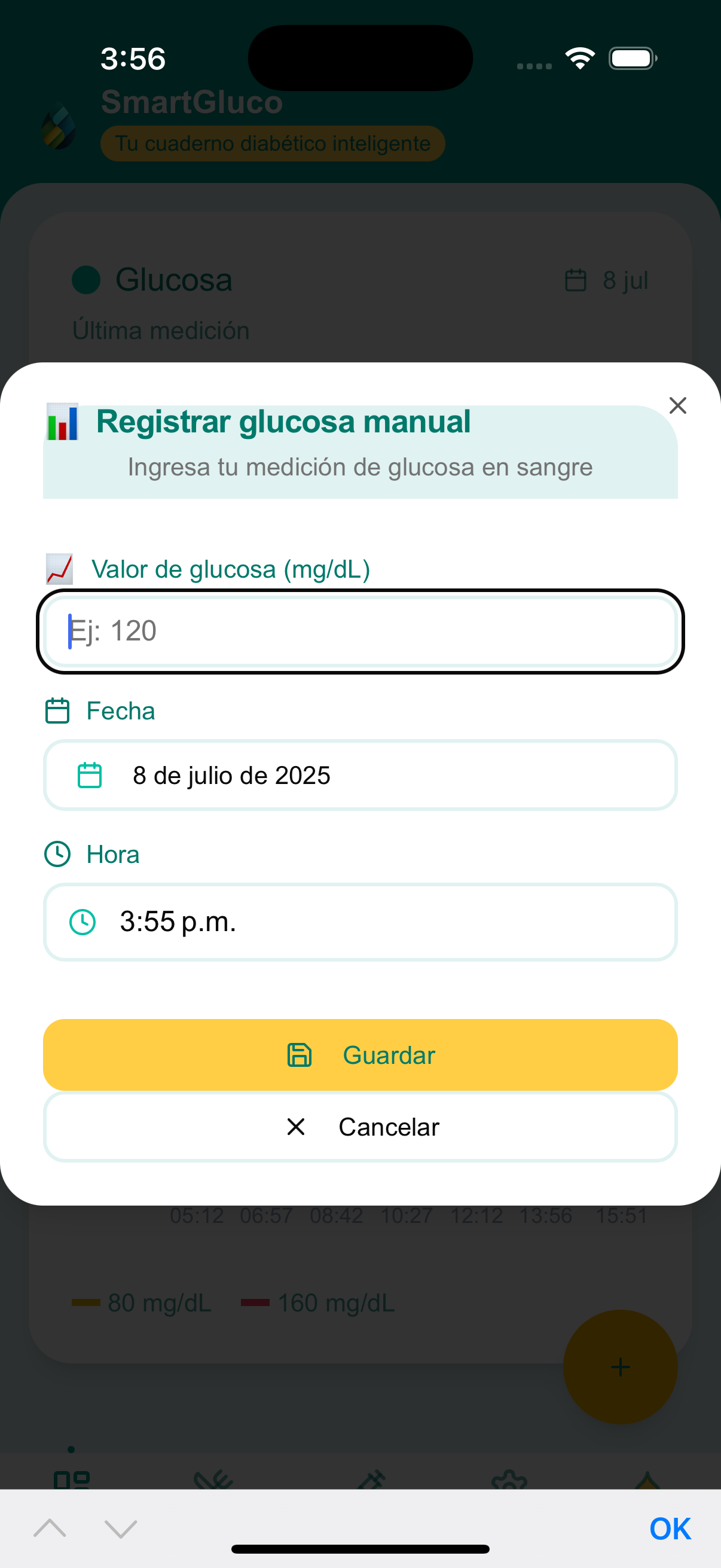 Registro manual de glucosa - SmartGluco interface