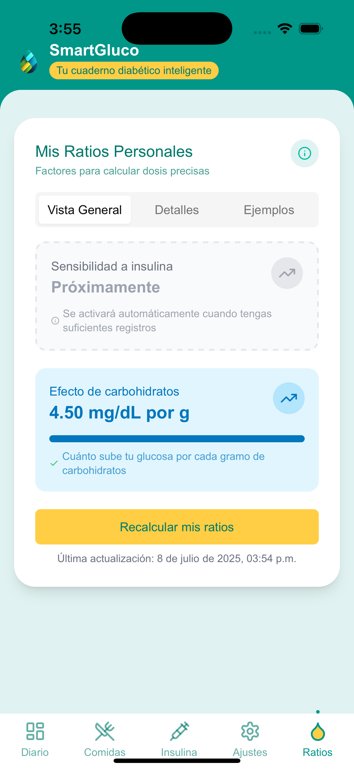 Calcula tu ratio real - SmartGluco interface