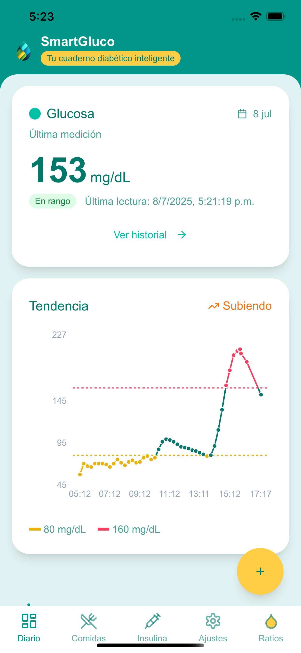 SmartGluco App - Pantalla principal mostrando glucosa en tiempo real